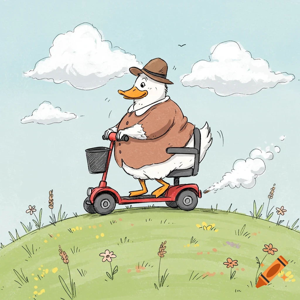 A crudely hand-drawn cartoon of a fat mother duck wearing a hat, riding a red mobility scooter over a green hill with flowers under a blue sky.