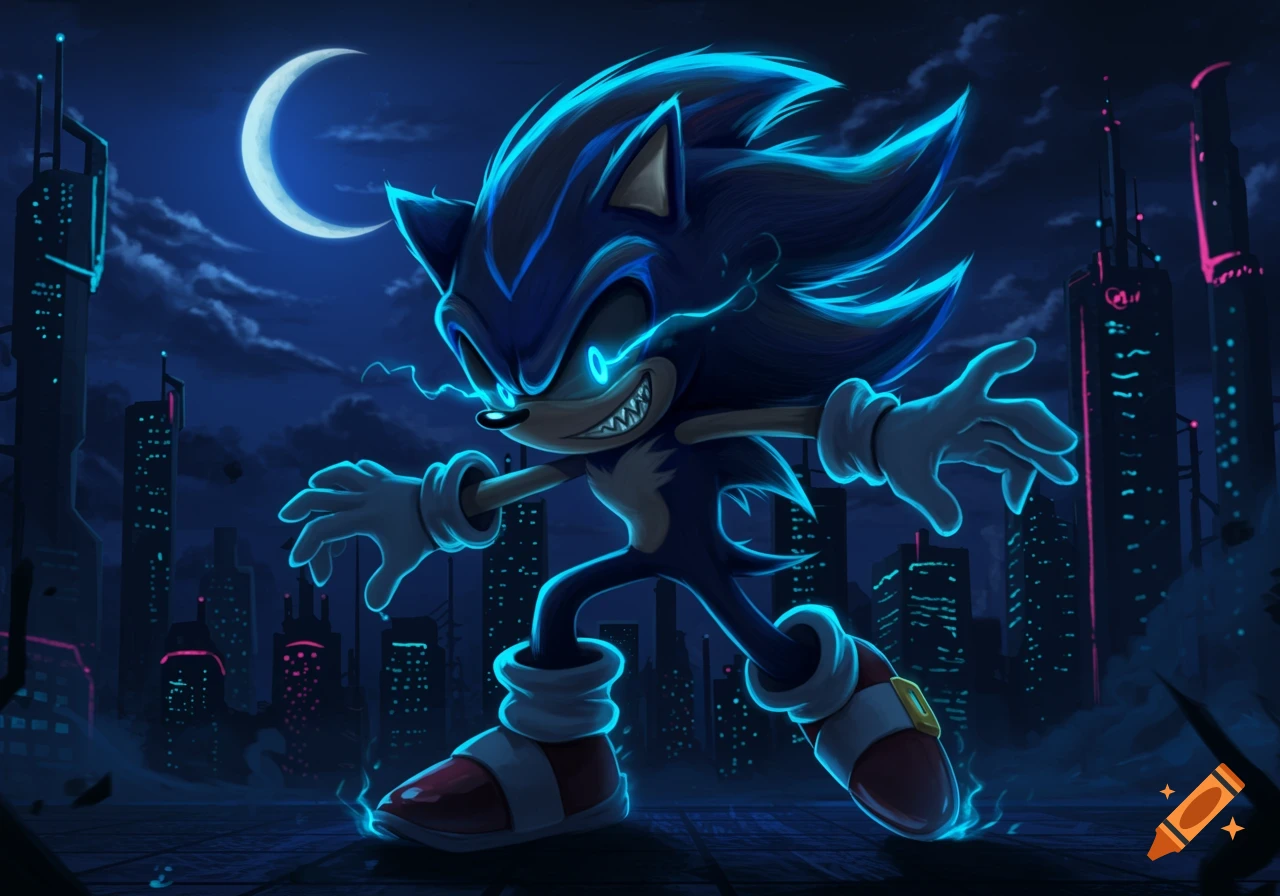 A menacing dark blue Sonic-like character with glowing eyes and electricity stands on a rooftop at night overlooking a neon city and crescent moon.