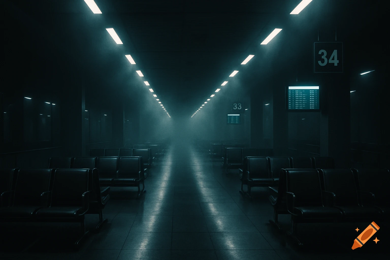 An empty, dark airport terminal with rows of vacant black seats under long, rectangular fluorescent lights stretching into a misty distance. Departure boards glow faintly.