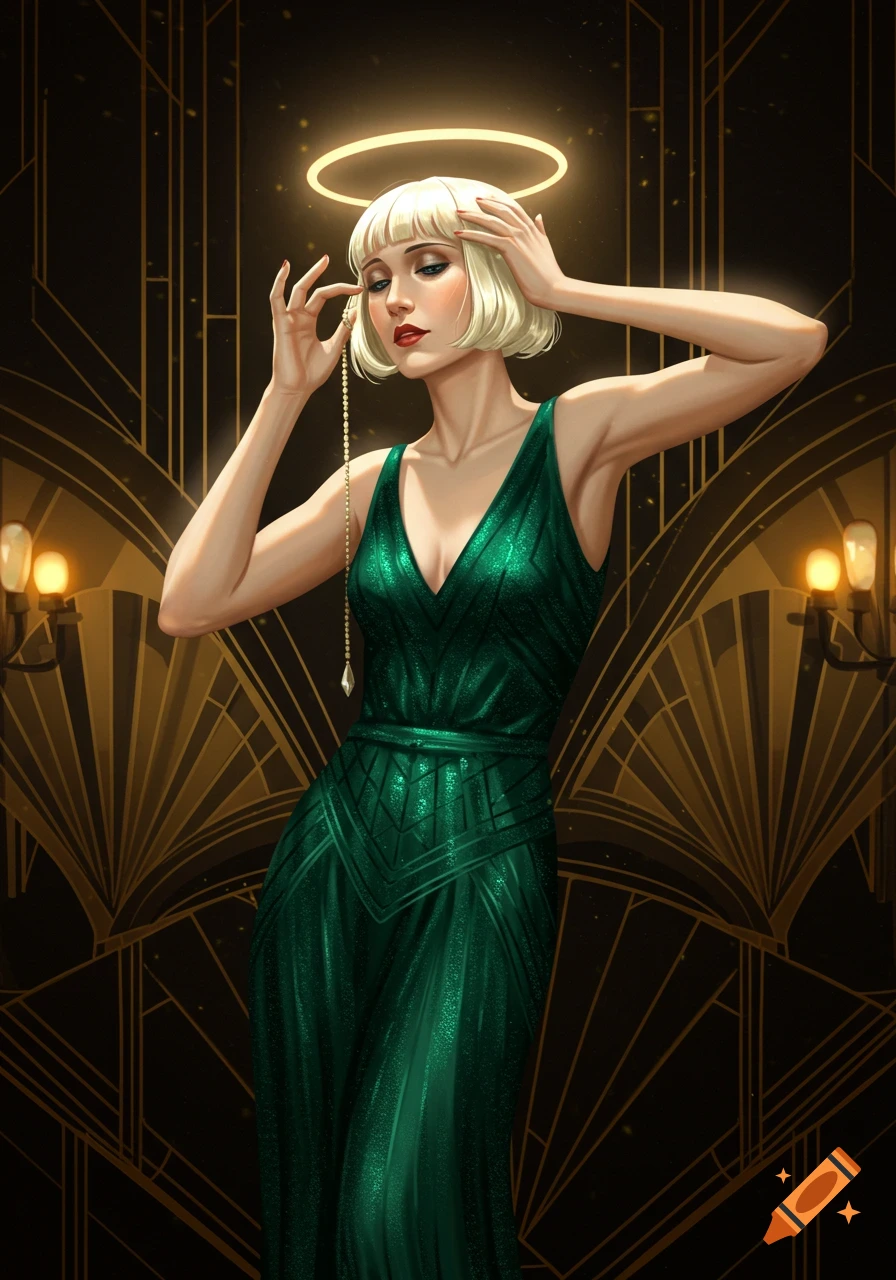 Art Deco style portrait of a woman with blonde hair in a green dress, adjusting a glowing halo above her head.