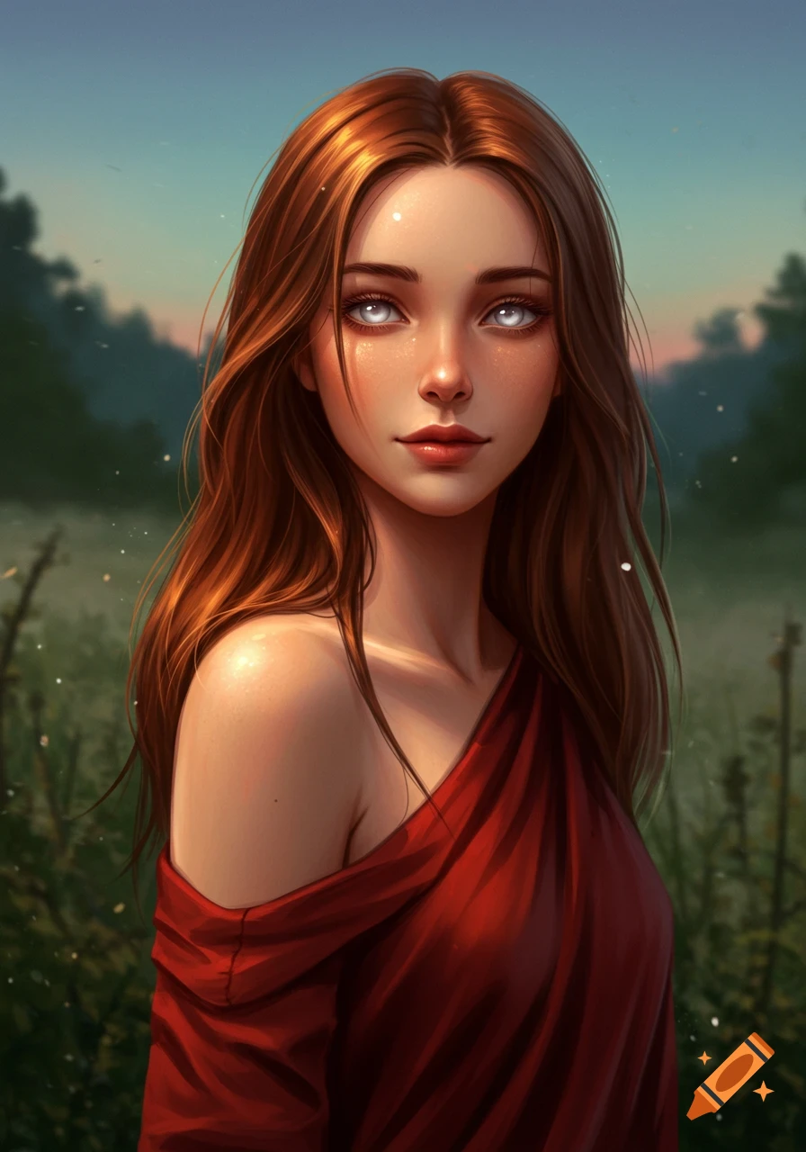 A digital painting of a woman with long brown hair, glowing white eyes, and a red off-shoulder tunic, standing in a field at dusk.