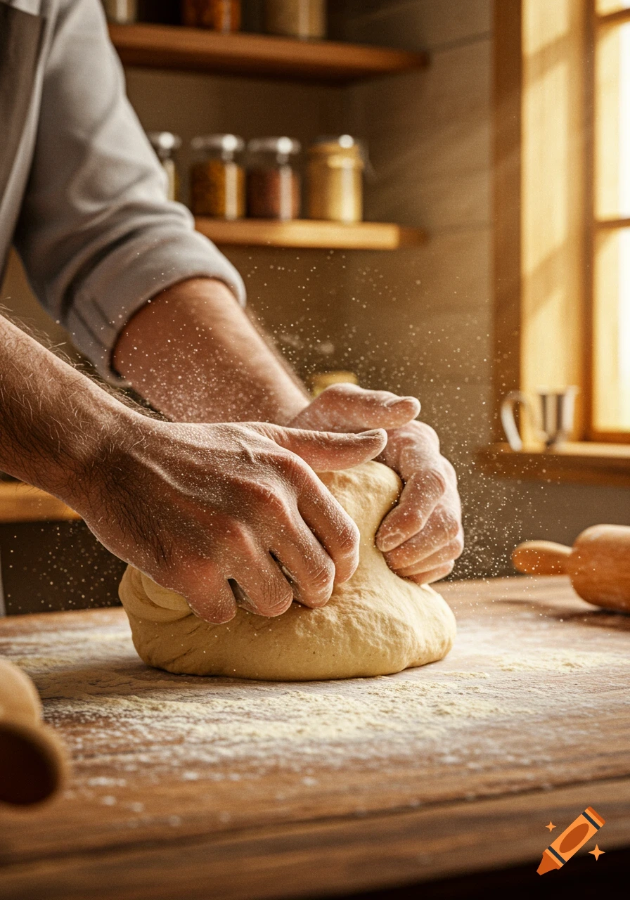 Close-up of flour-dusted hands kneading dough on a wooden counter in a sunlit kitchen.