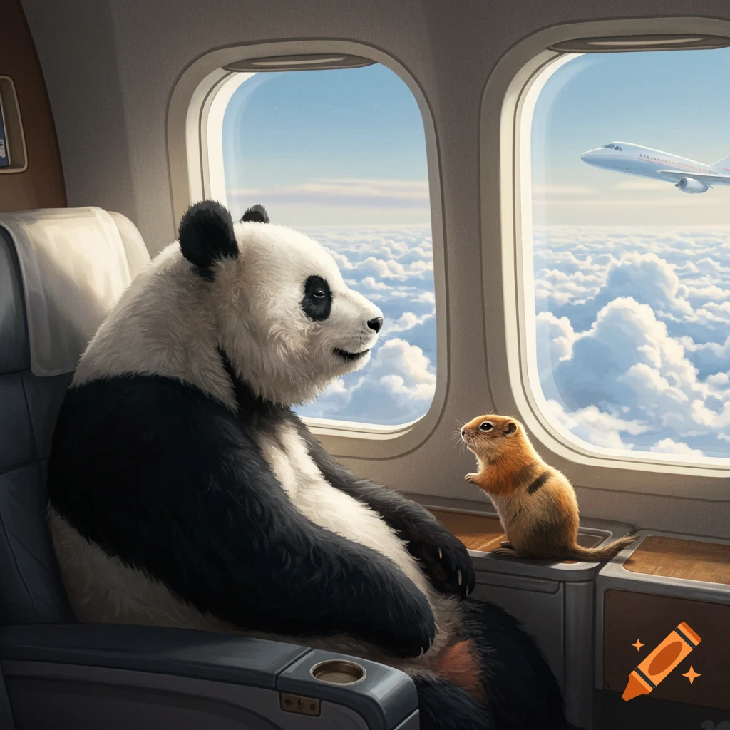 A large photorealistic panda sits in an airplane, looking at a small gopher on the window ledge, with clouds and another plane visible outside.