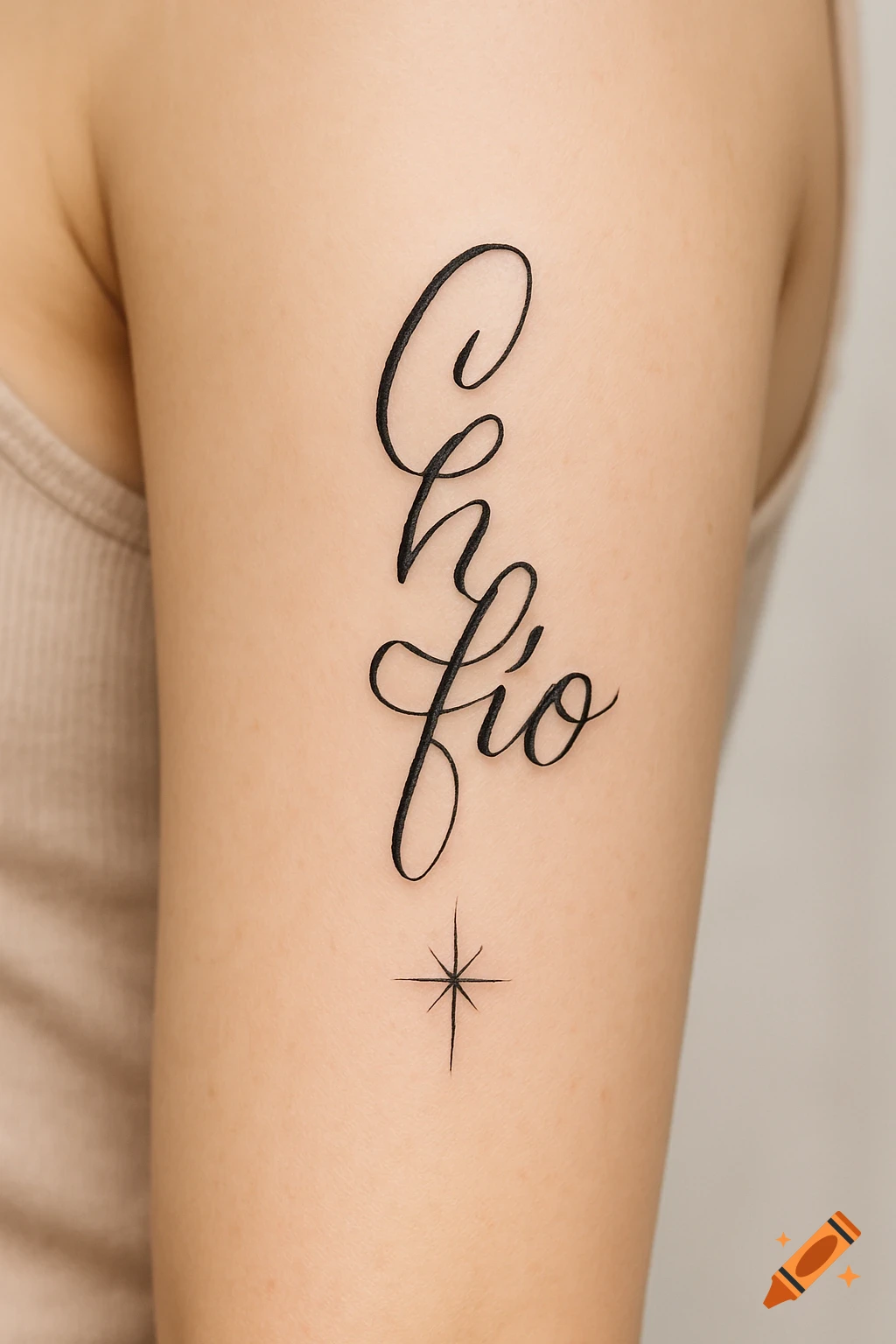 Close-up of a person's arm featuring a delicate black cursive tattoo of the word "Confío" followed by a small star.