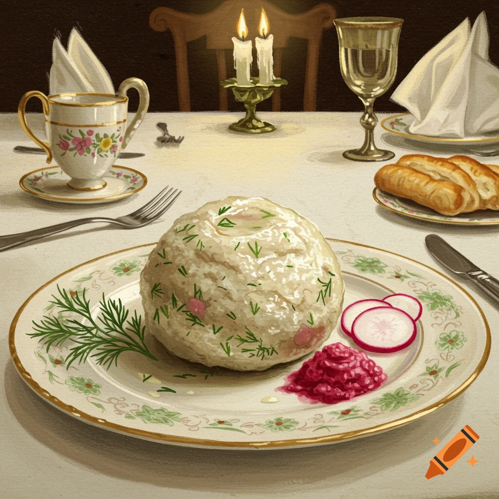 A gefilte fish dish garnished with dill, radishes, and horseradish on a dinner table, lit by candles, in an illustrative style.