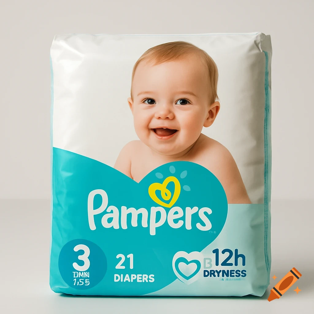 Photorealistic image of a Pampers diaper package featuring a smiling baby.