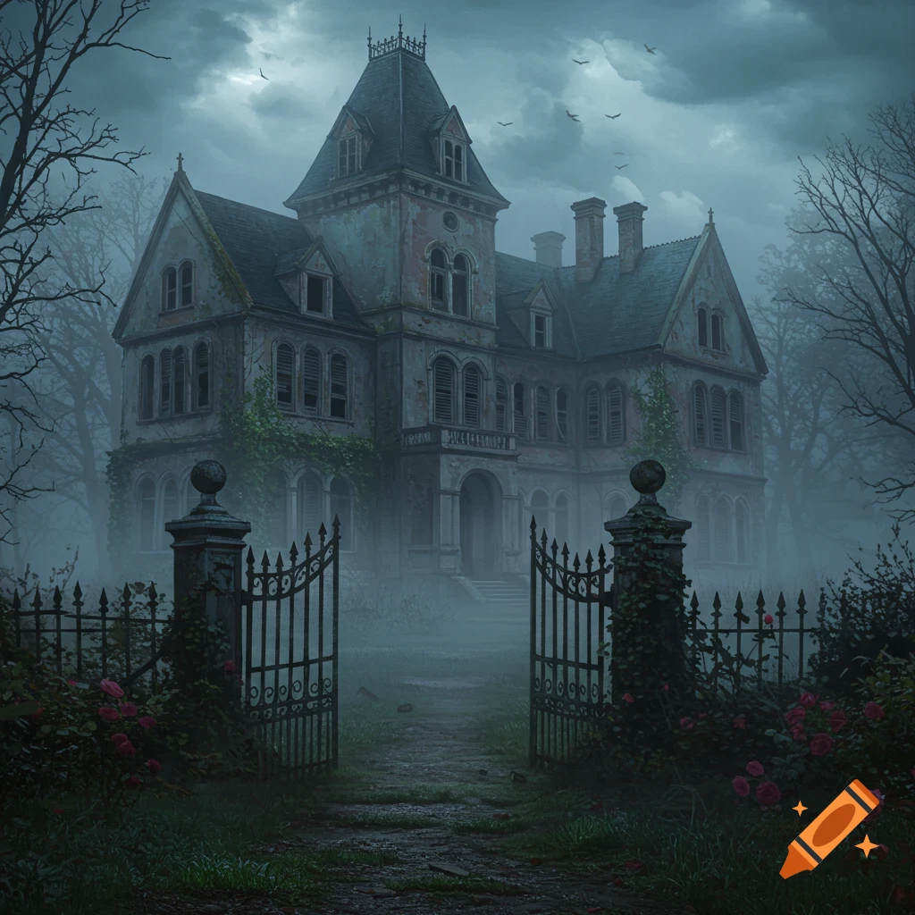 A dilapidated, gothic manor house shrouded in mist under a dark, cloudy sky, with open gates and overgrown foliage.