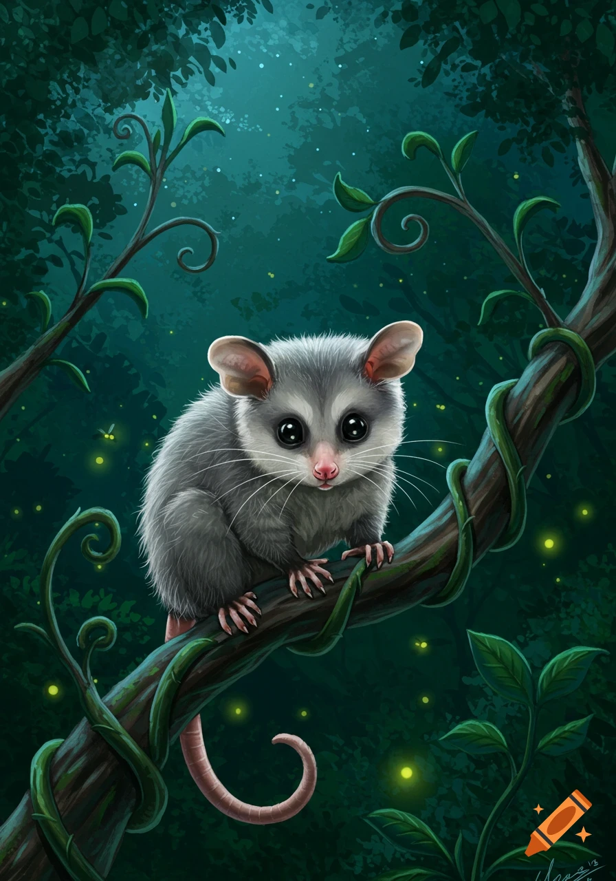 A cute, fluffy possum with large black eyes sits on a tree branch in a dark, whimsical forest with glowing fireflies.
