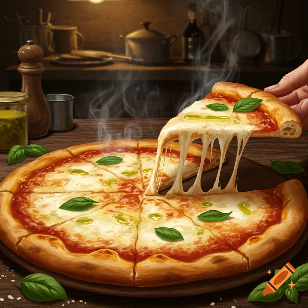 A hand pulls a slice of steaming hot cheese pizza with long strands of melted cheese from a whole pizza on a wooden board in a dimly lit kitchen.