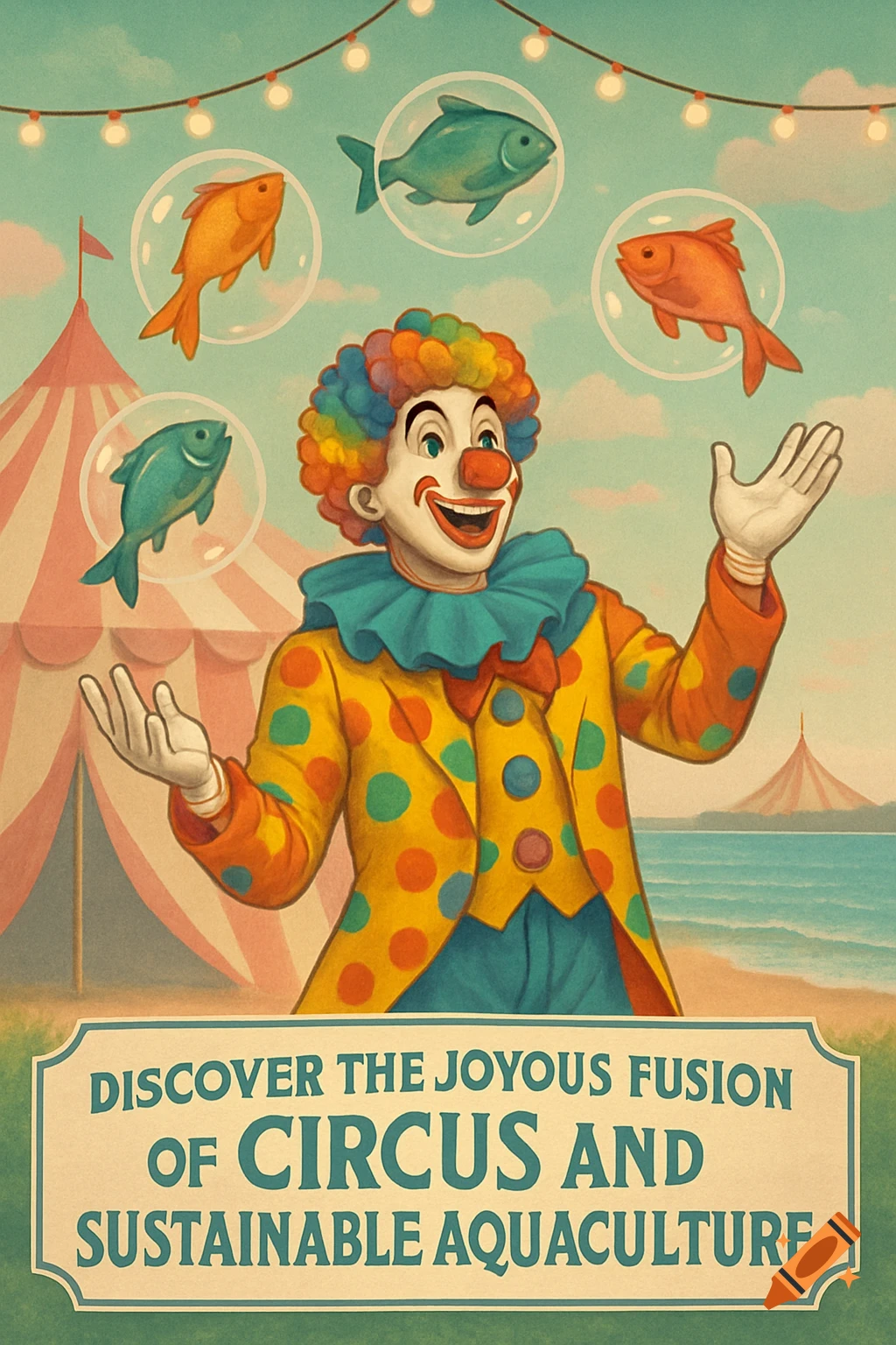 A smiling clown in a colorful suit juggles fish in bubbles. Vintage circus poster with text about sustainable aquaculture.