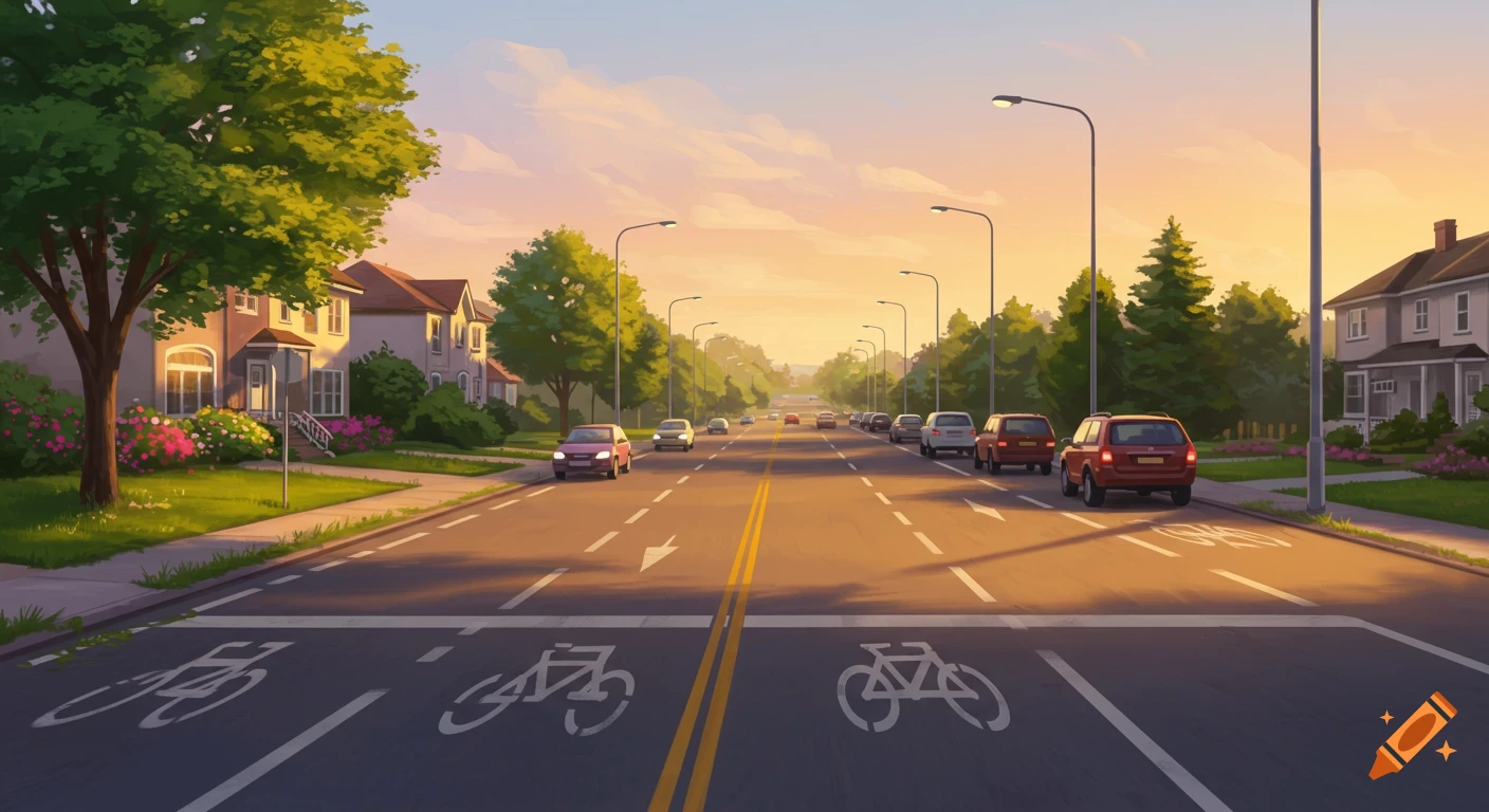 A wide suburban street with houses, trees, and cars under a warm sunset, featuring bike lanes, in a digital painting style.