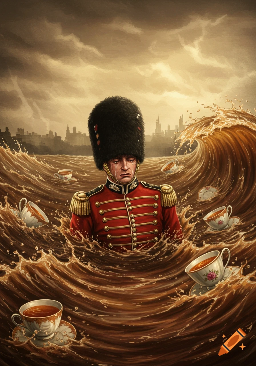 A British redcoat with a bear-skin hat cries as he drowns in a wavy sea of tea with floating teacups, a city skyline in the background.