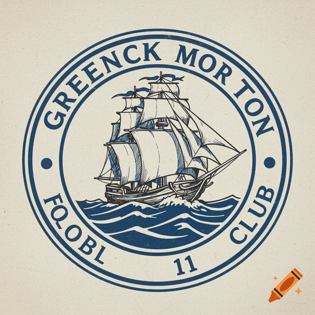 A vintage-style blue and white circular badge featuring a sailing ship on waves, with text "GREENOCK MORTON CLUB FQ.OBL 11" around the border.