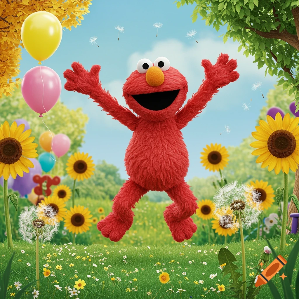 Elmo jumps gleefully in a vibrant field filled with sunflowers, dandelions, balloons, and green grass under a clear blue sky.