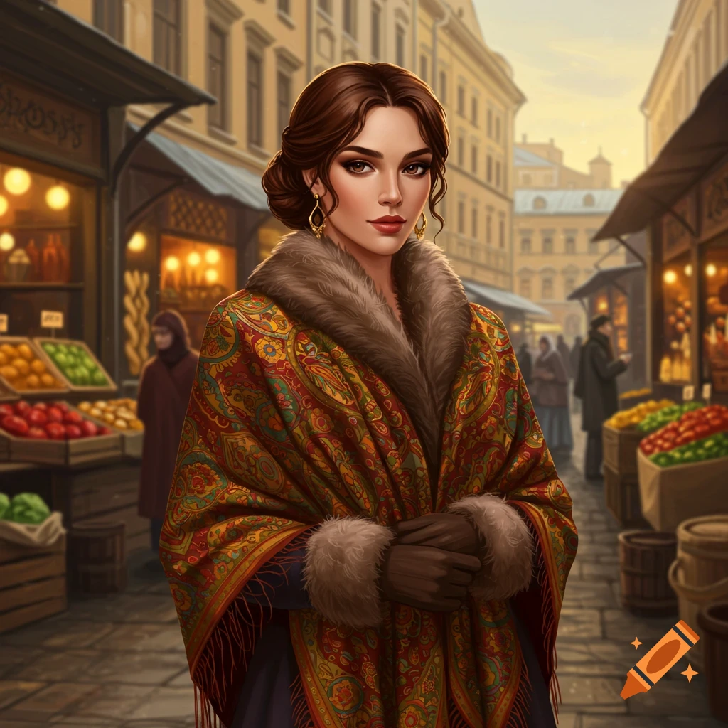 A woman in a fur-trimmed shawl and gloves stands in a bustling market street, surrounded by fruit stalls and buildings.