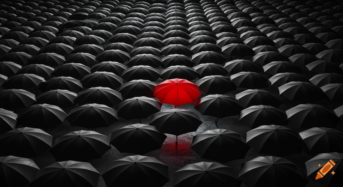 An overhead view of numerous black umbrellas, with one red umbrella centered among them, on a textured grey surface.