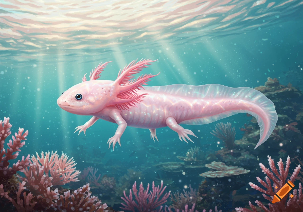A pink axolotl swims gracefully in clear blue water surrounded by vibrant pink coral reefs, with sun rays piercing from the surface.