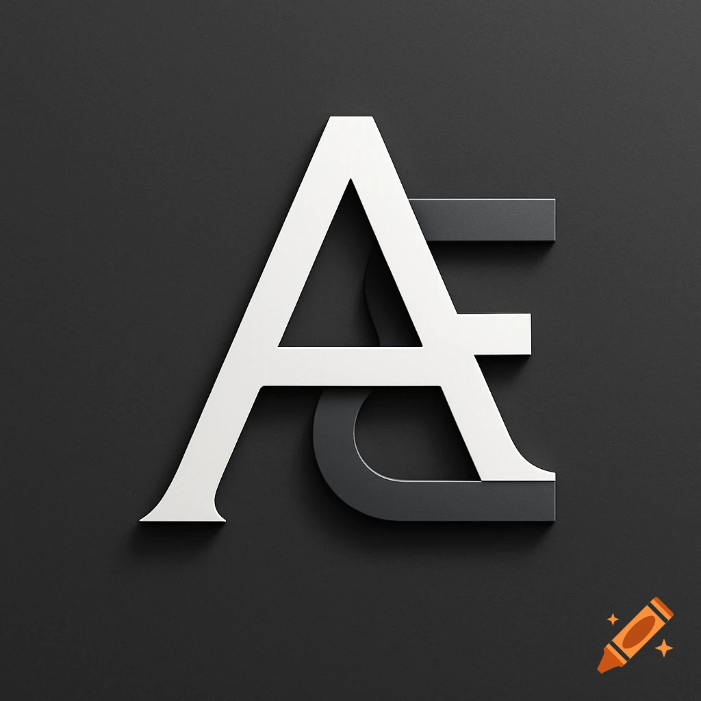 Modern minimalist business logo featuring a white letter A interlocking with a dark grey letter E on a dark background.