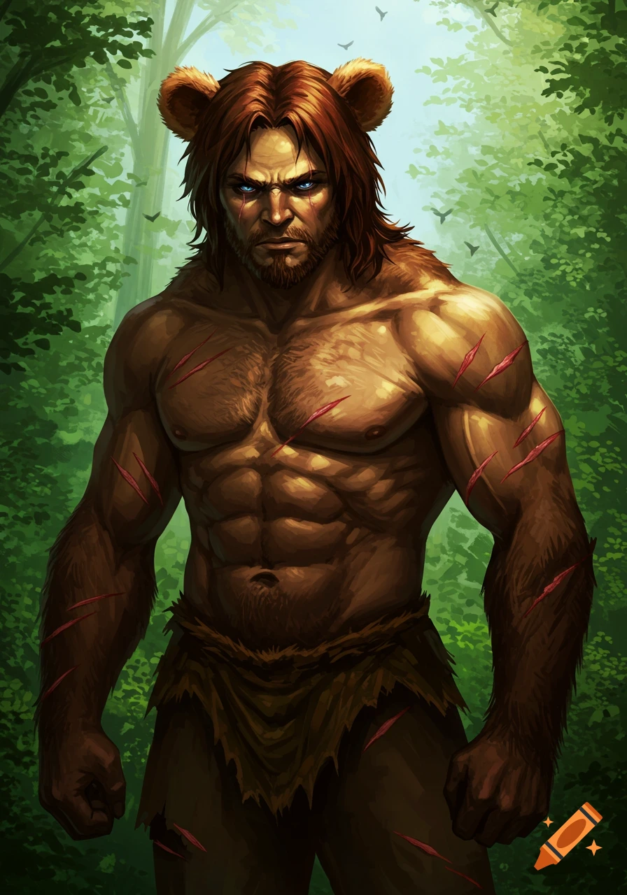 A muscular human-bear hybrid with blue eyes, brown fur, and red scars stands in a lush green forest, digital art.