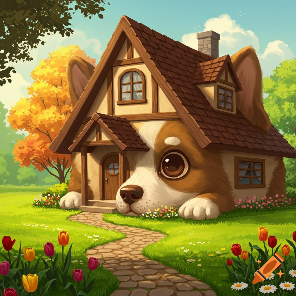 A whimsical house with a corgi's face on the front, set in a lush green field with a stone path and colorful flowers.