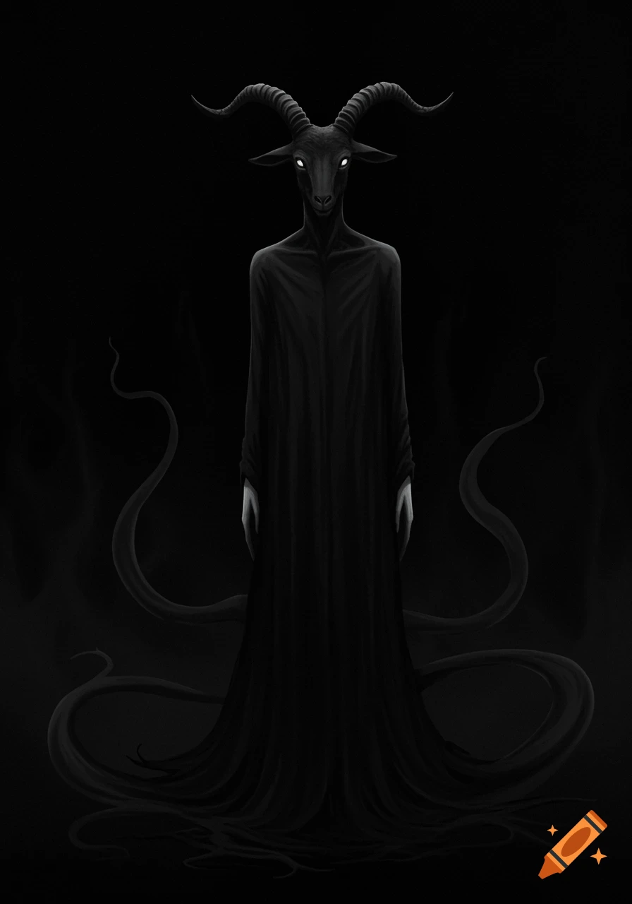 A tall, slender, black-robed entity with a goat's head and glowing eyes stands in a dark void.