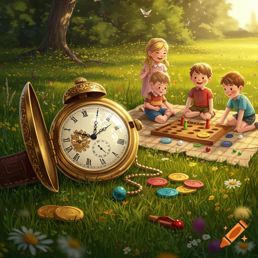 Four happy children play a board game on a picnic blanket in a sun-drenched, grassy field next to a giant golden pocket watch.