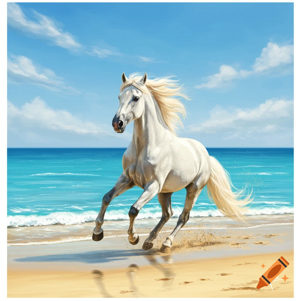 A white horse with a flowing mane gallops through shallow waves on a sandy beach under a blue sky.