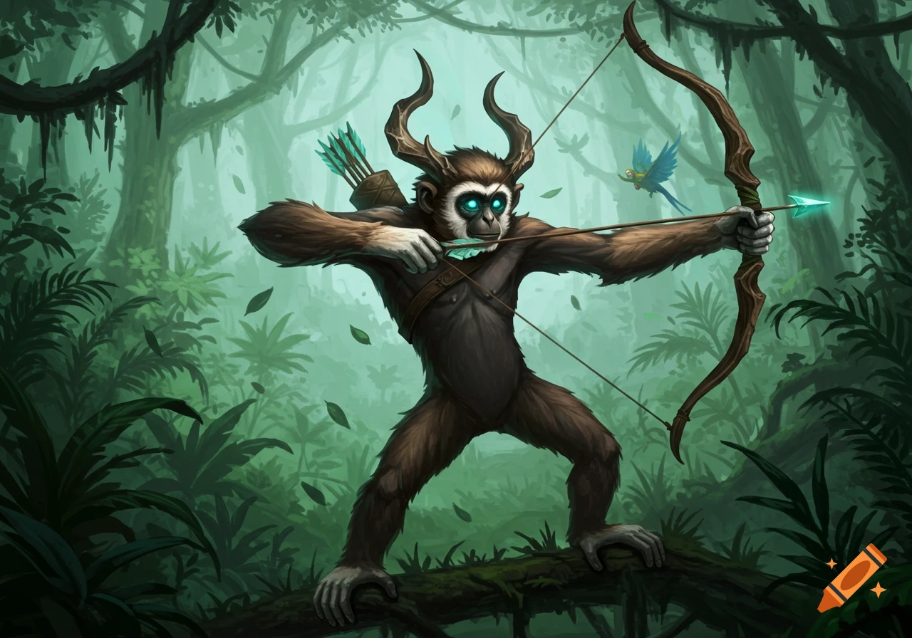 A fantasy gibbon-like creature with horns and glowing blue eyes aims a bow and arrow in a misty jungle.