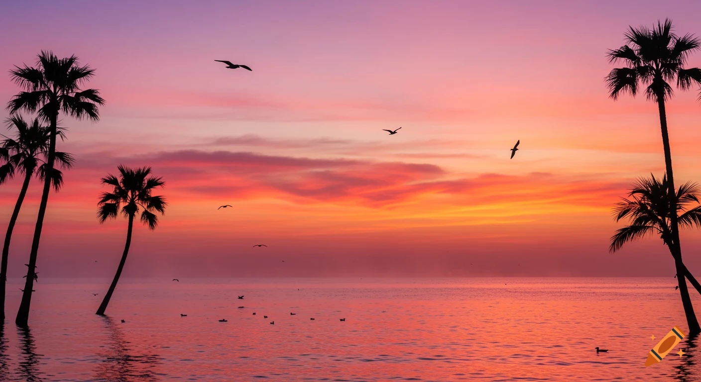 Photorealistic tropical sunset over a calm ocean with vibrant pink and orange sky, silhouetted palm trees and birds.