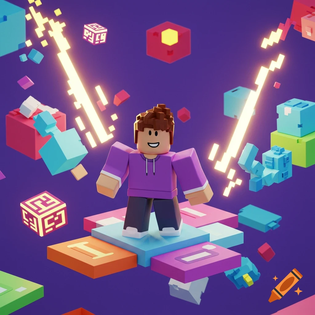 A 3D rendered Roblox-style character stands on colorful blocks amidst floating geometric shapes and pixelated light trails against a purple background.