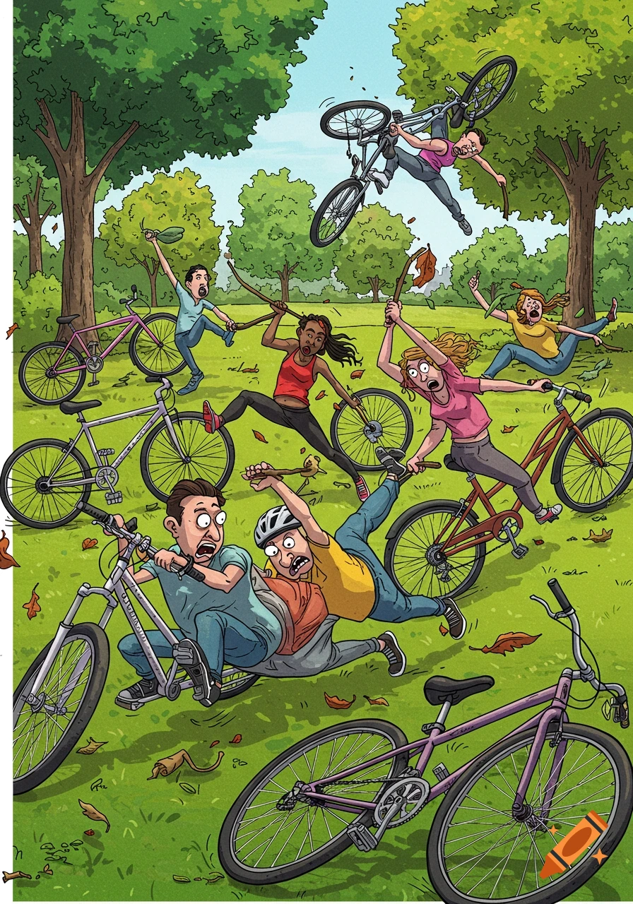 Cartoon illustration of ten people comically falling off their bicycles in a park, with sticks in spokes.