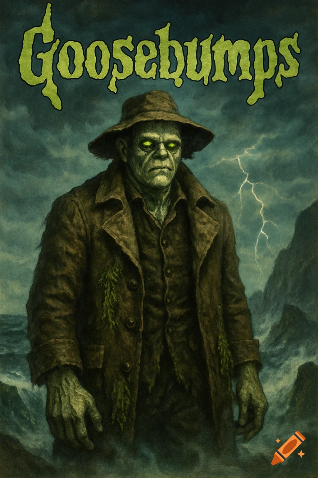A creepy green monster with glowing eyes, wearing a hat and long brown coat, stands in a stormy, misty landscape with "Goosebumps" title above.
