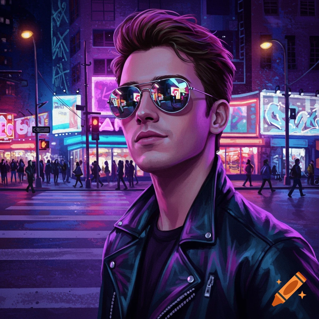 A stylish man in a leather jacket and sunglasses stands on a neon-lit city street at night, looking to the side.