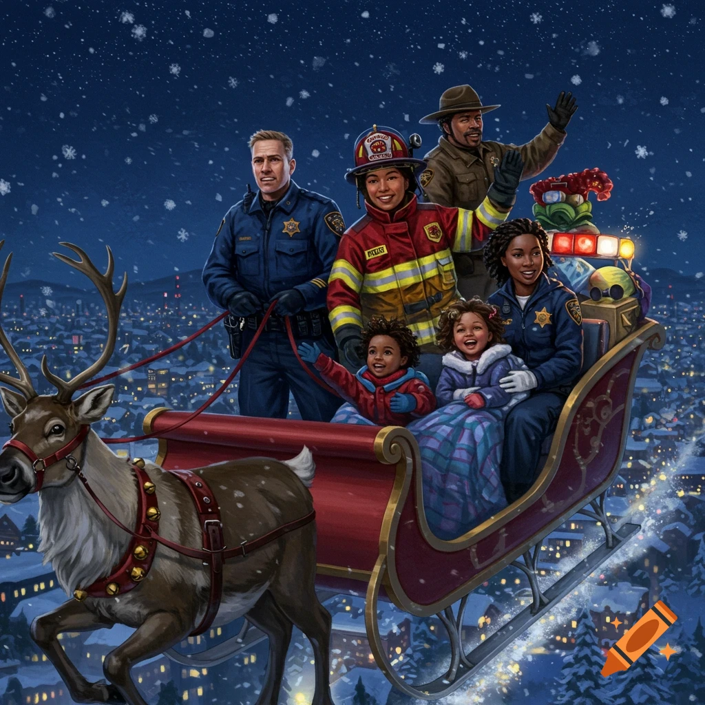 A diverse group of public servants and children ride a sleigh pulled by a reindeer over a snowy cityscape at night.