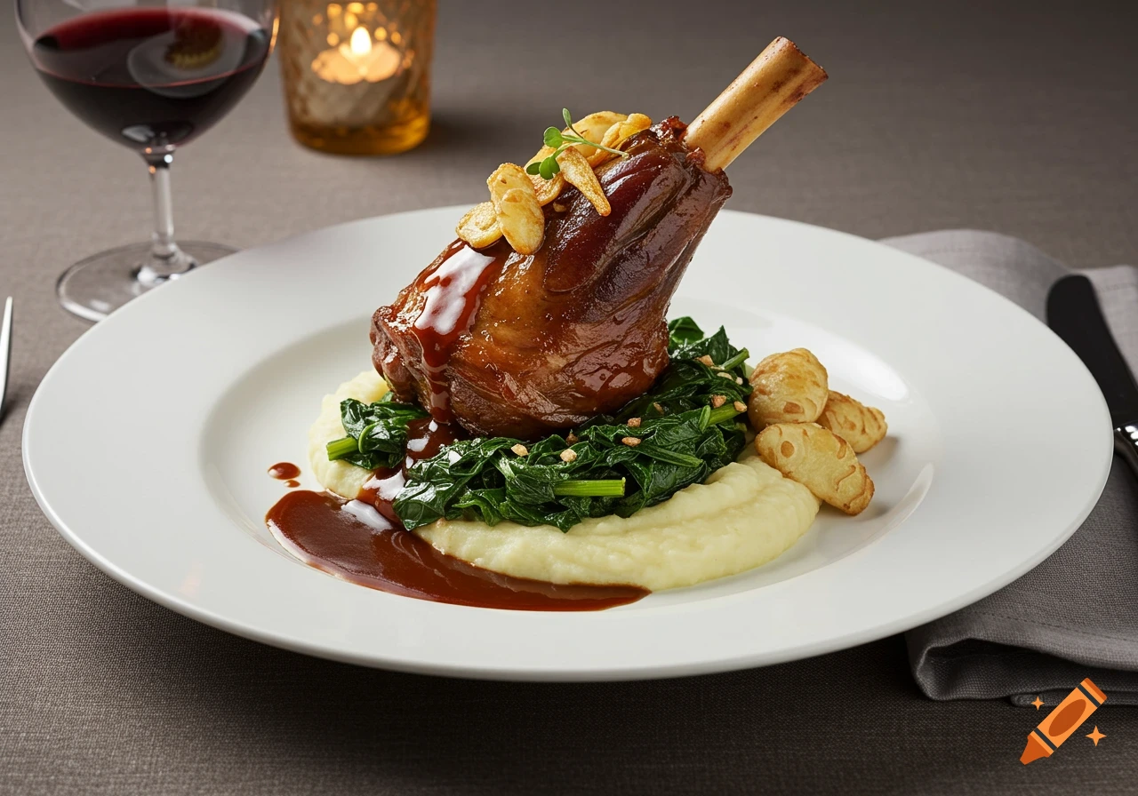 Photorealistic lamb shank dish with mashed potatoes, Swiss chard, and crisps on a white plate, with wine and candle in background.