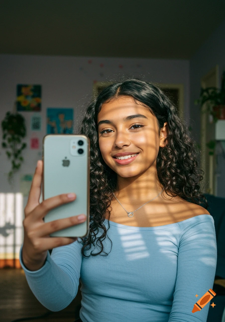A smiling young woman with curly dark hair takes a selfie with her phone, sunlight casting striped shadows across her face and shirt.