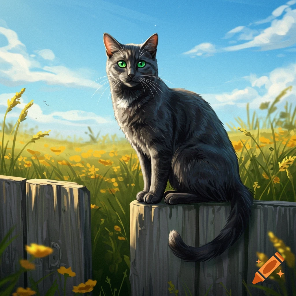 A stylized illustration of a grey cat with bright green eyes sitting on a wooden fence post in a sunny field of yellow flowers under a blue sky.