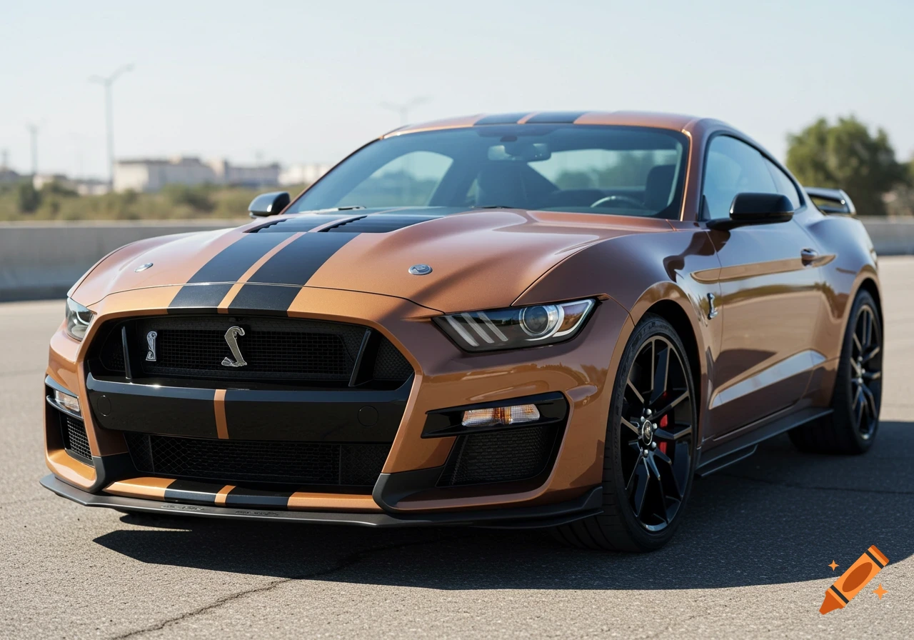 A bronze Ford Shelby GT500 sports car with black racing stripes parked on asphalt, seen from the front.