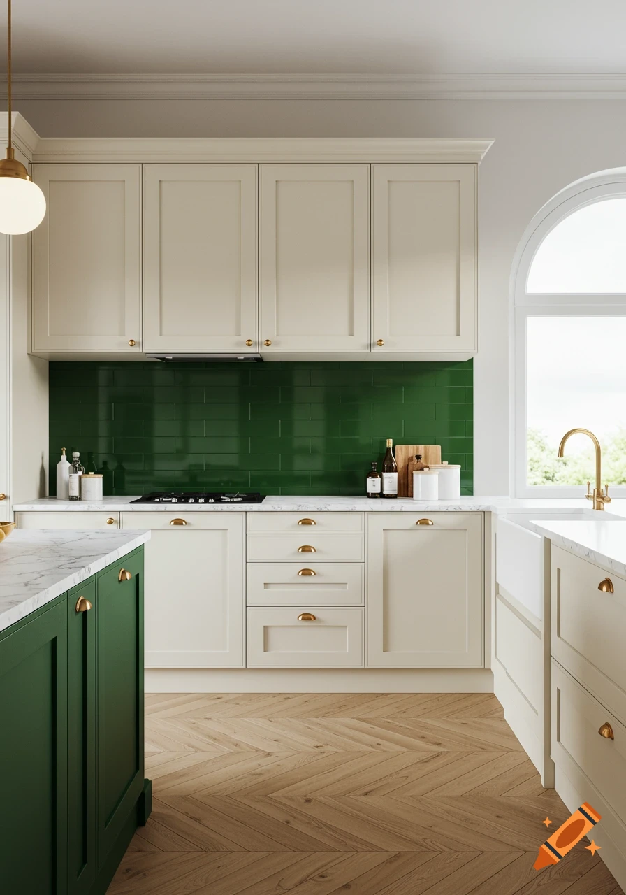 A modern kitchen featuring cream cabinets, a forest green subway tile backsplash, and a white marble speckled countertop. The floor is light wood in a herringbone pattern.