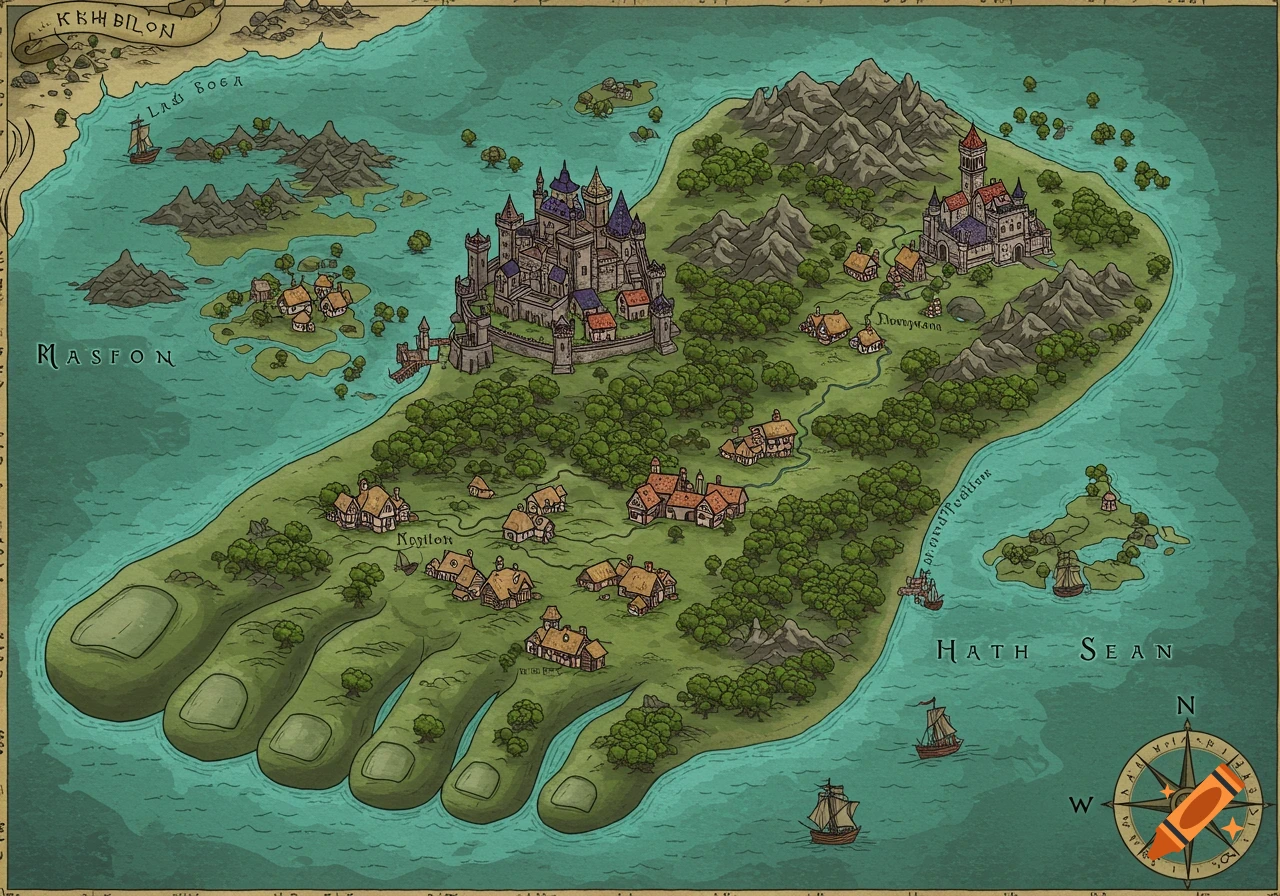 A detailed fantasy map of an island shaped like a giant foot, featuring castles, villages, mountains, and ships in the surrounding sea.