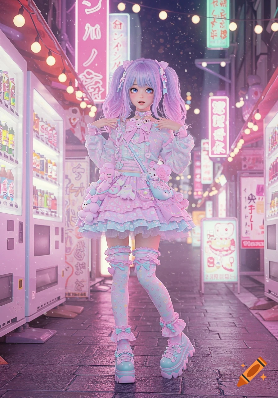 Anime girl in pastel decora fashion with purple pigtails, standing on a rainy street at night with glowing neon signs.