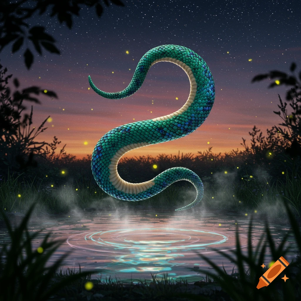 A vibrant teal and blue snake tail floats over a misty pond with ripples and glowing fireflies under a starry dusk sky.