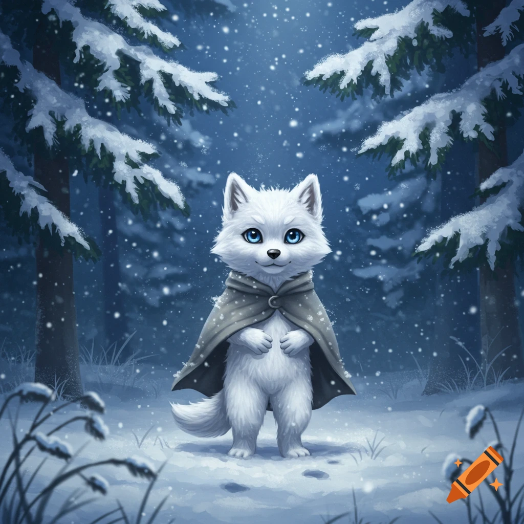 A cute white wolf-like creature wearing a gray cloak stands in a snowy forest with falling snow, in an illustration style.