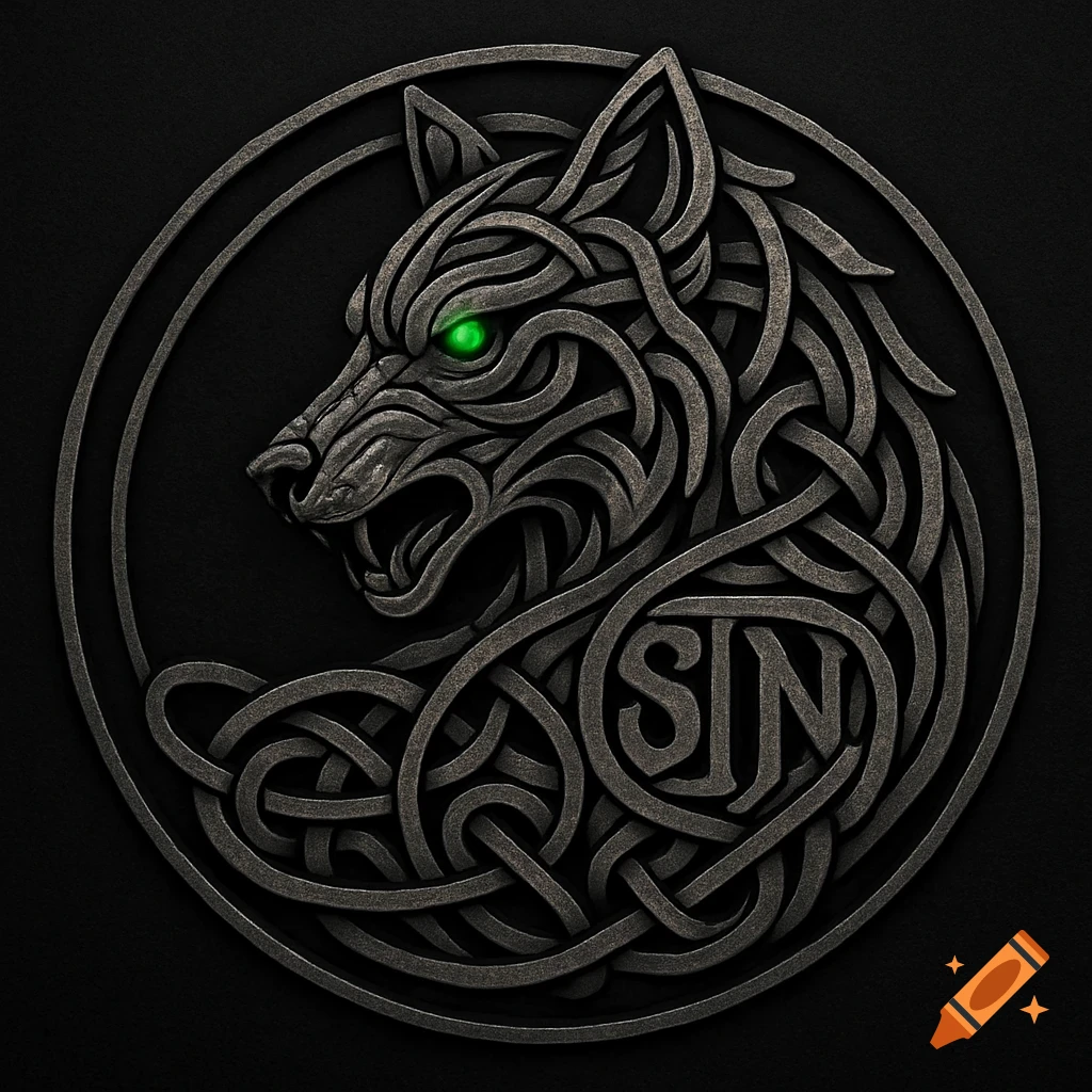 A detailed black and grey Celtic knot wolf emblem with glowing green eyes and 'STN' integrated into the design.