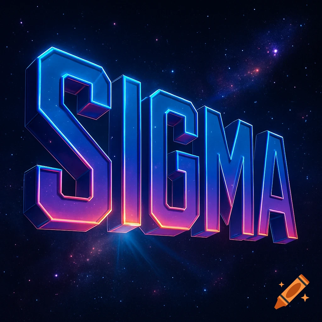 The word 'SIGMA' in large, glowing 3D blue and purple neon letters against a dark, starry cosmic background.
