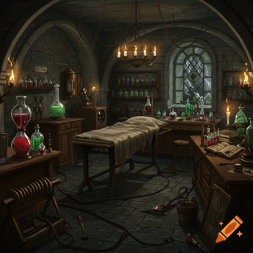 A dimly lit, gothic laboratory with a gurney, bubbling beakers, and electrical wires, viewed through a window in a thunderstorm.