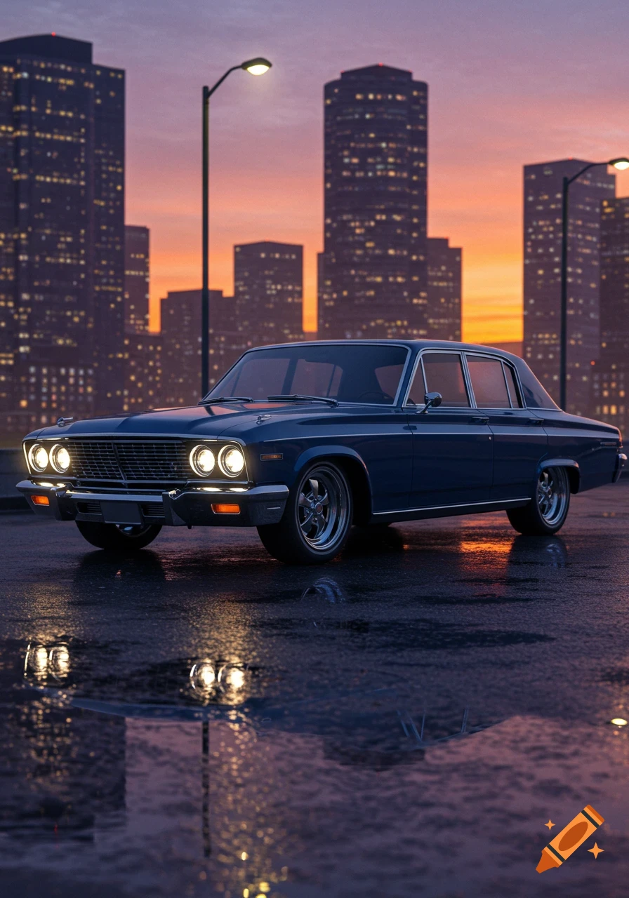A vintage dark blue sedan parked on a wet street at dusk, with city skyscrapers and a colorful sky in the background.