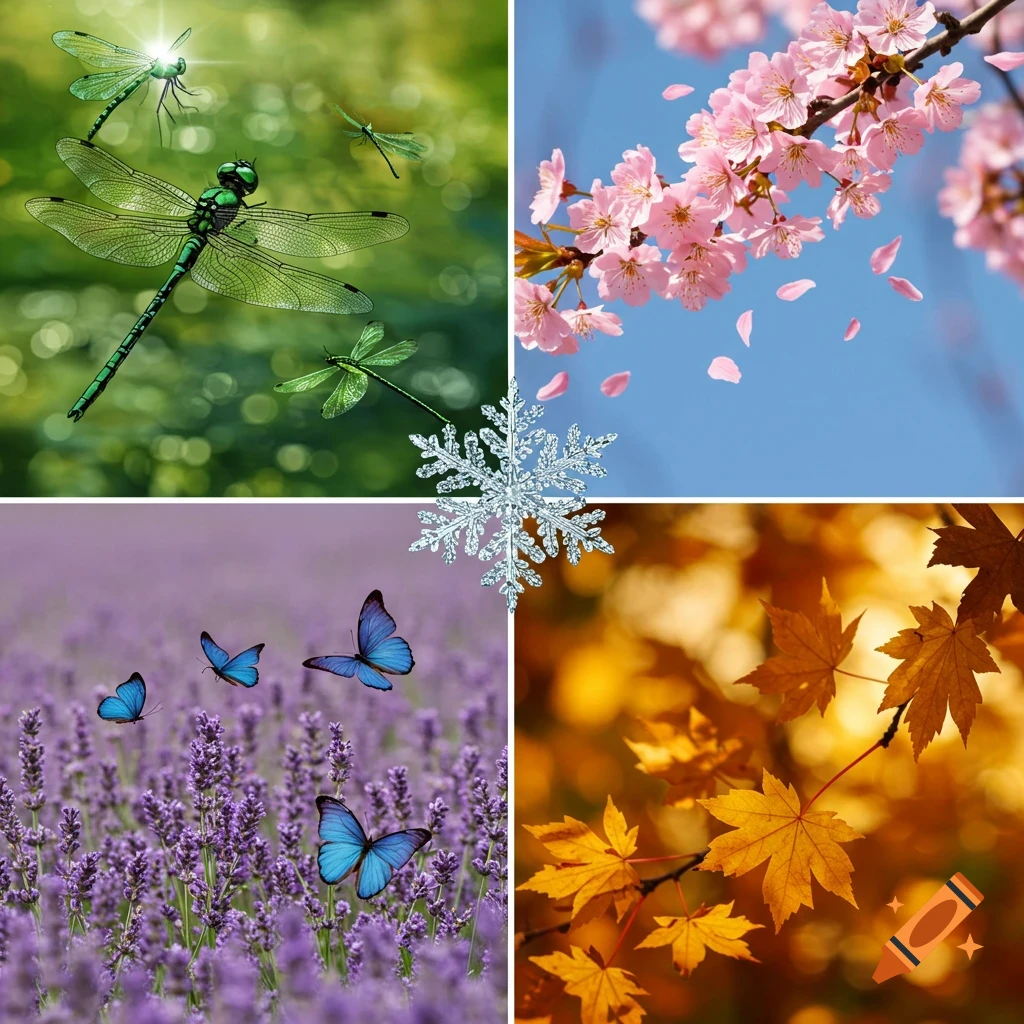 A four-panel collage depicting nature's seasons: dragonflies on green, pink cherry blossoms, blue butterflies in lavender, and yellow autumn leaves, with a snowflake in the center.