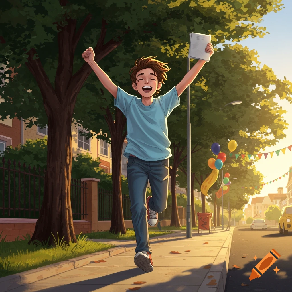 A happy cartoon boy with arms raised in victory runs down a sunny tree-lined street, holding a white paper.