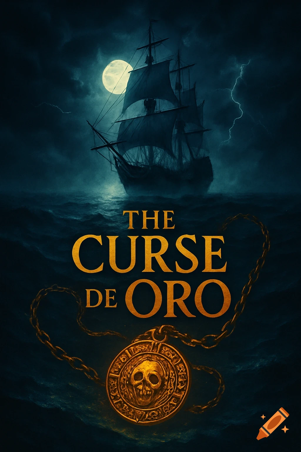 A dark and stormy scene with a pirate ship sailing under a full moon and lightning. Below, golden text "THE CURSE DE ORO" appears above a golden medallion with a skull.